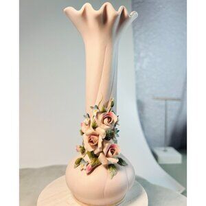 Vtg Lefton China Pink Bud Vase Handcrafted & painted Floral Accents Ruffled Rim
